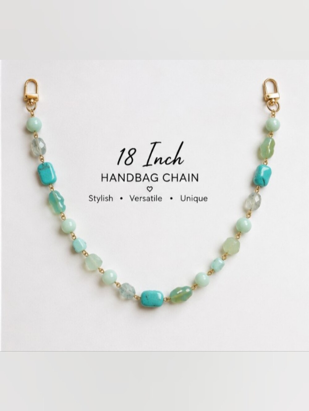 Aqua Turquoise Beaded 18” Handbag Chain Purse Strap Bag Charm Gold Tone